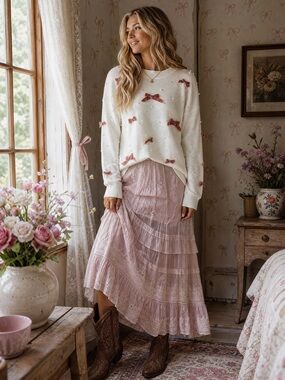 312 • Ivory Pearl & Pink Velvet Bow Sweater